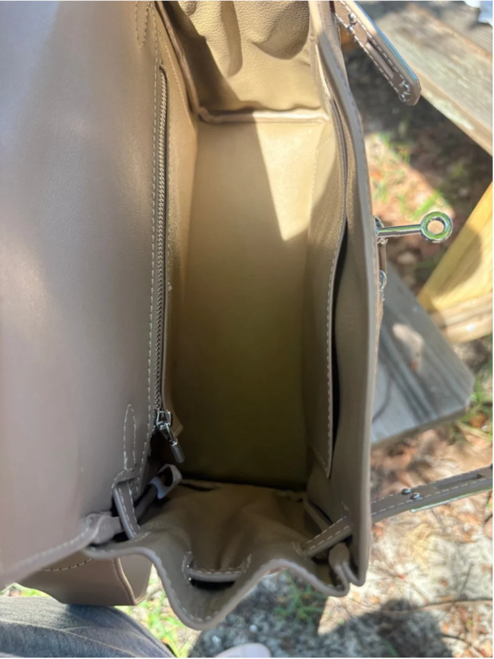 28cm Etoupe Top Handle Double Front Pocket Leather Satchel